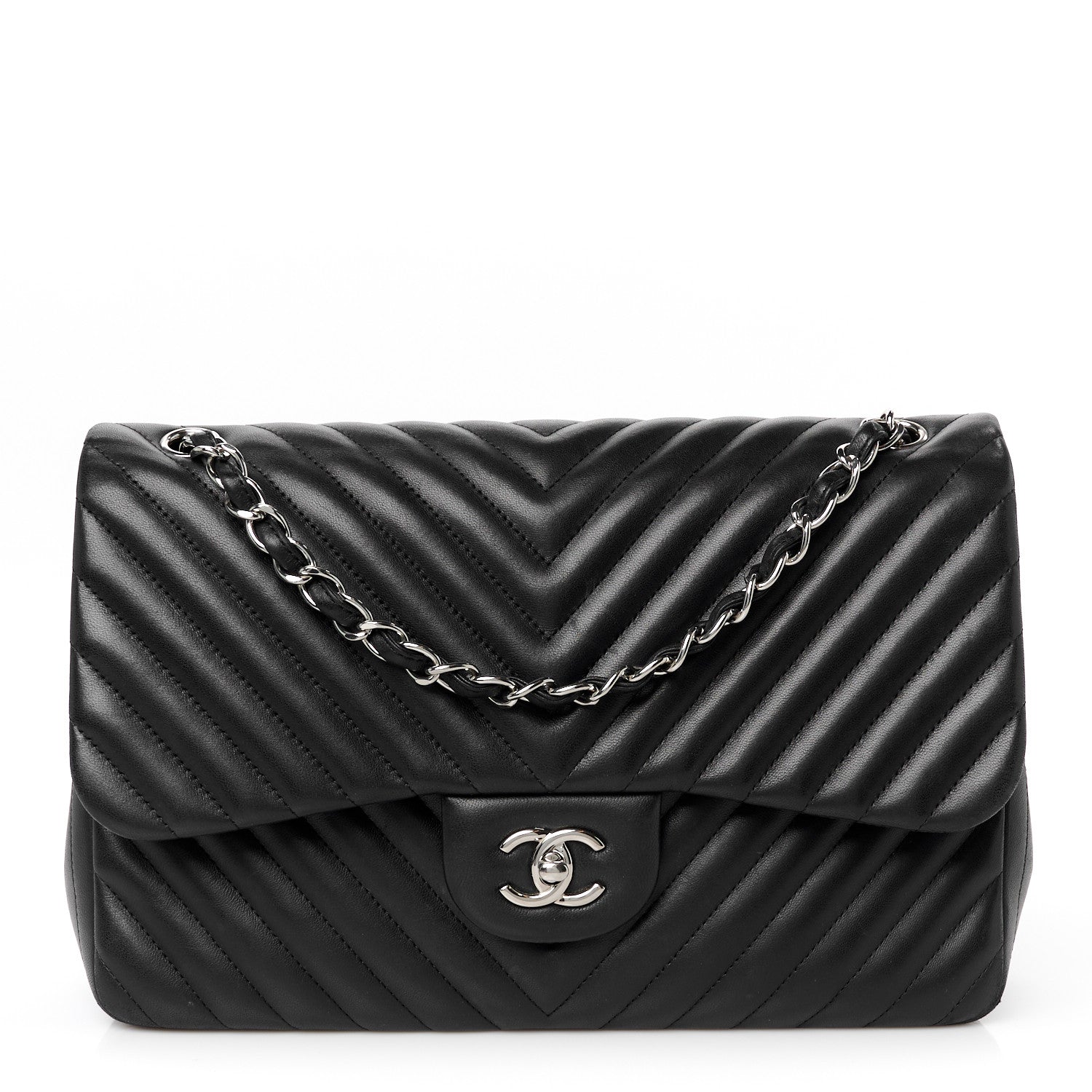 Chanel Lambskin Chevron Quilted Jumbo Double Flap Black 1 of 11