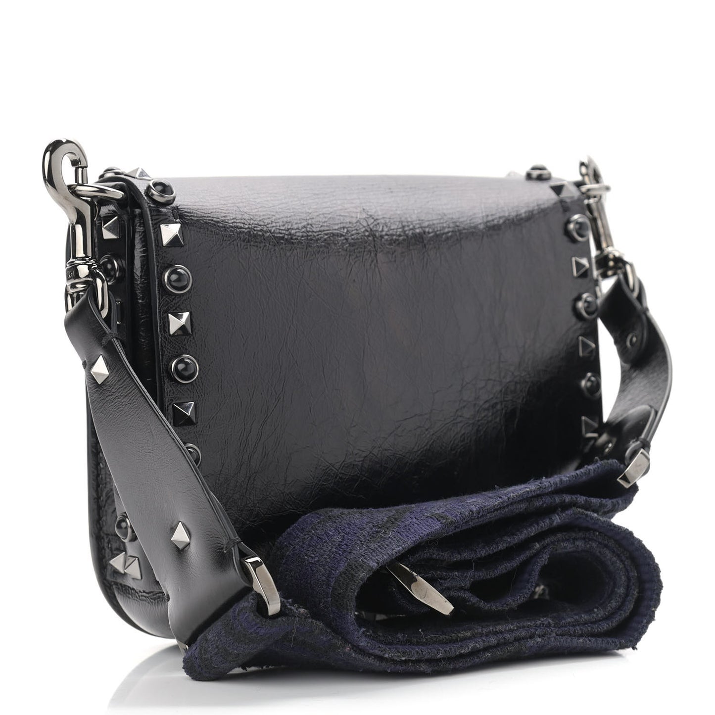Craquele Calfskin Guitar Strap Rockstud Rolling Shoulder Flap Messenger Bag Black