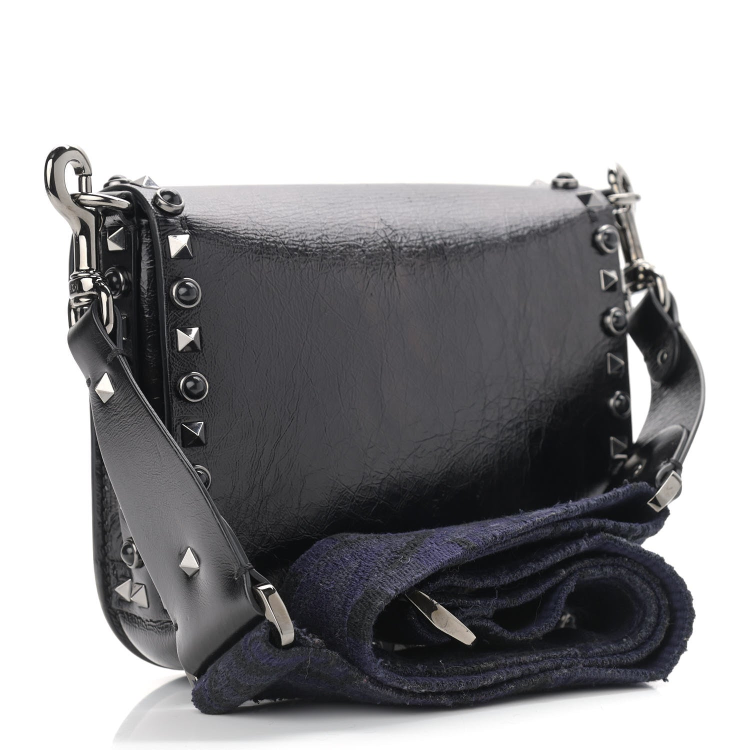 Valentino Garavani Craquele Calfskin Guitar Strap Rockstud Rolling Shoulder Flap Messenger Bag Black 2 of 11
