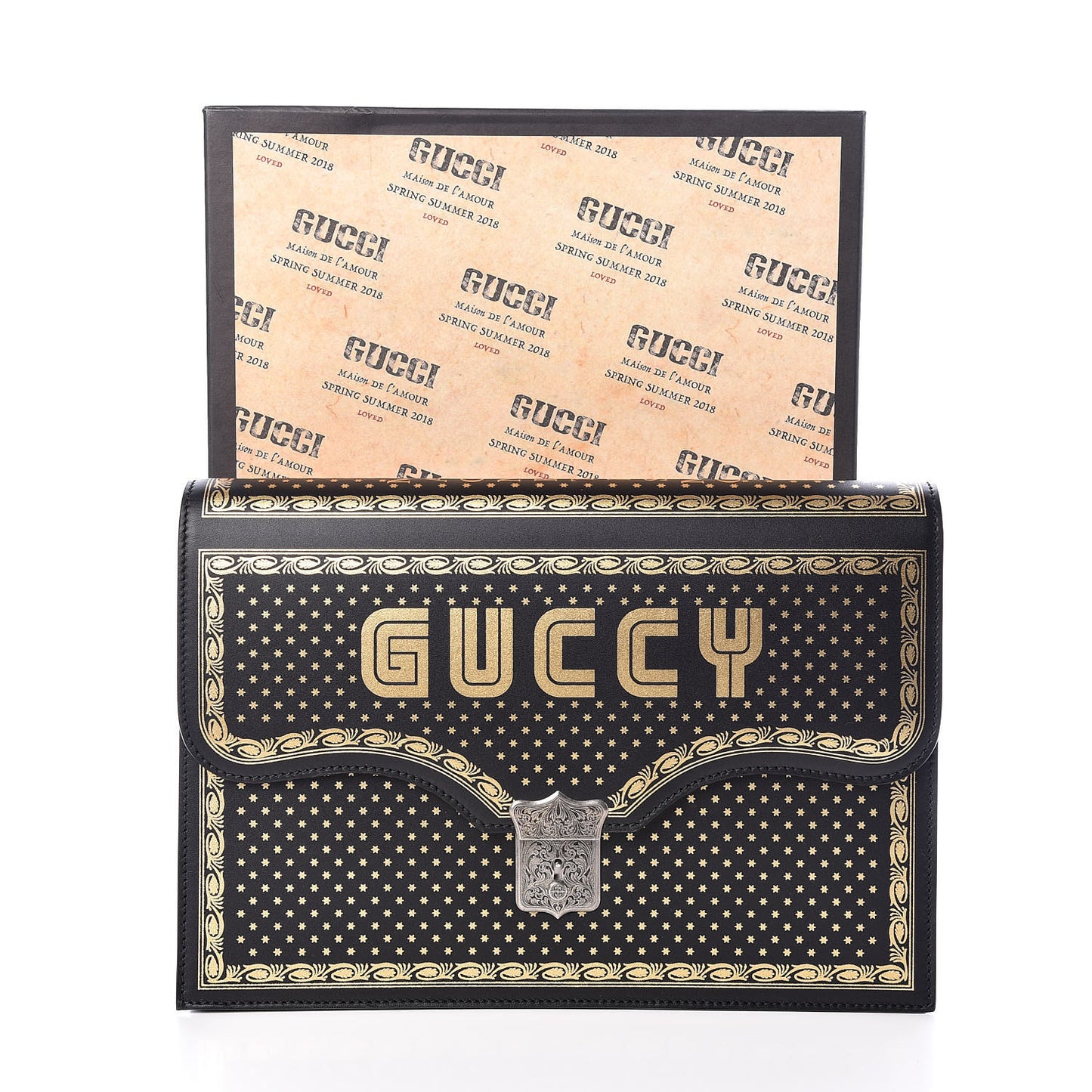 X SEGA Calfskin GUCCY Stars Portfolio Bag Black Gold