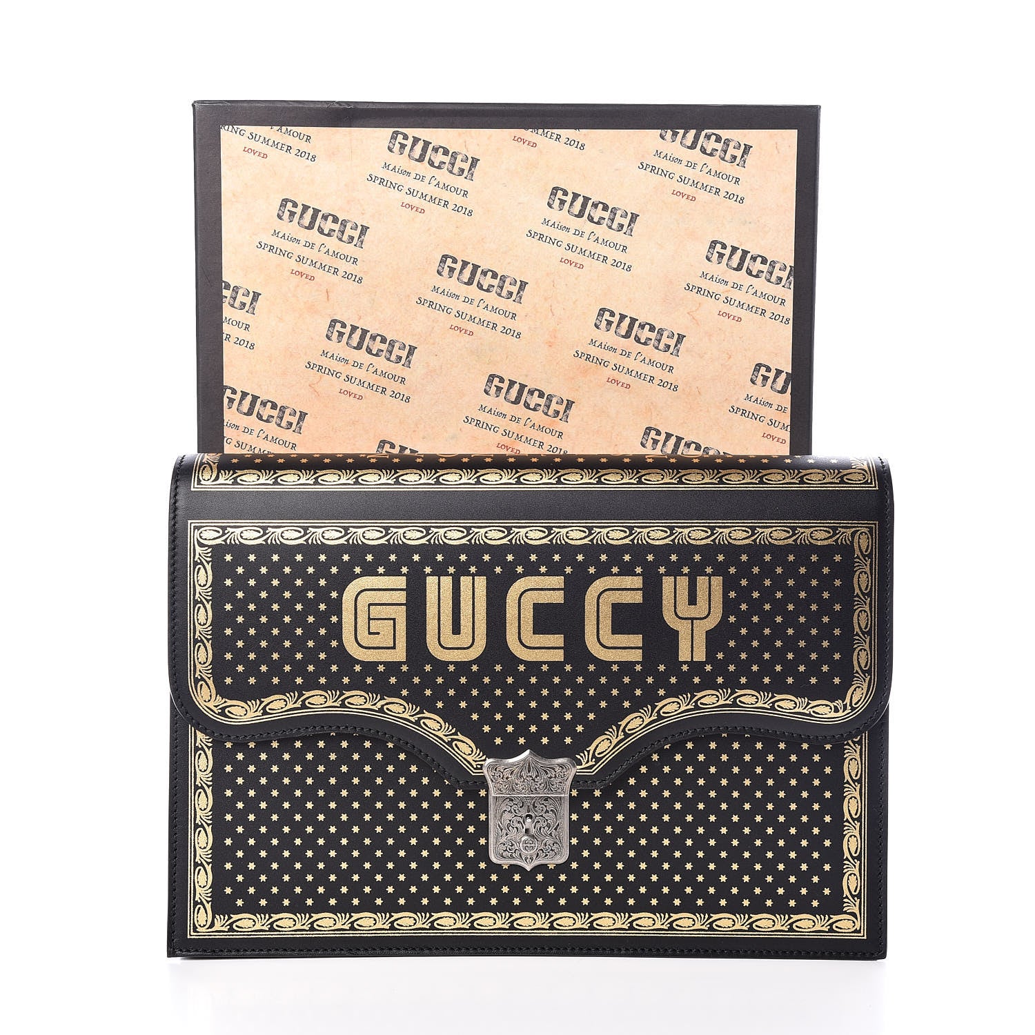 Gucci X SEGA Calfskin GUCCY Stars Portfolio Bag Black Gold 11 of 11