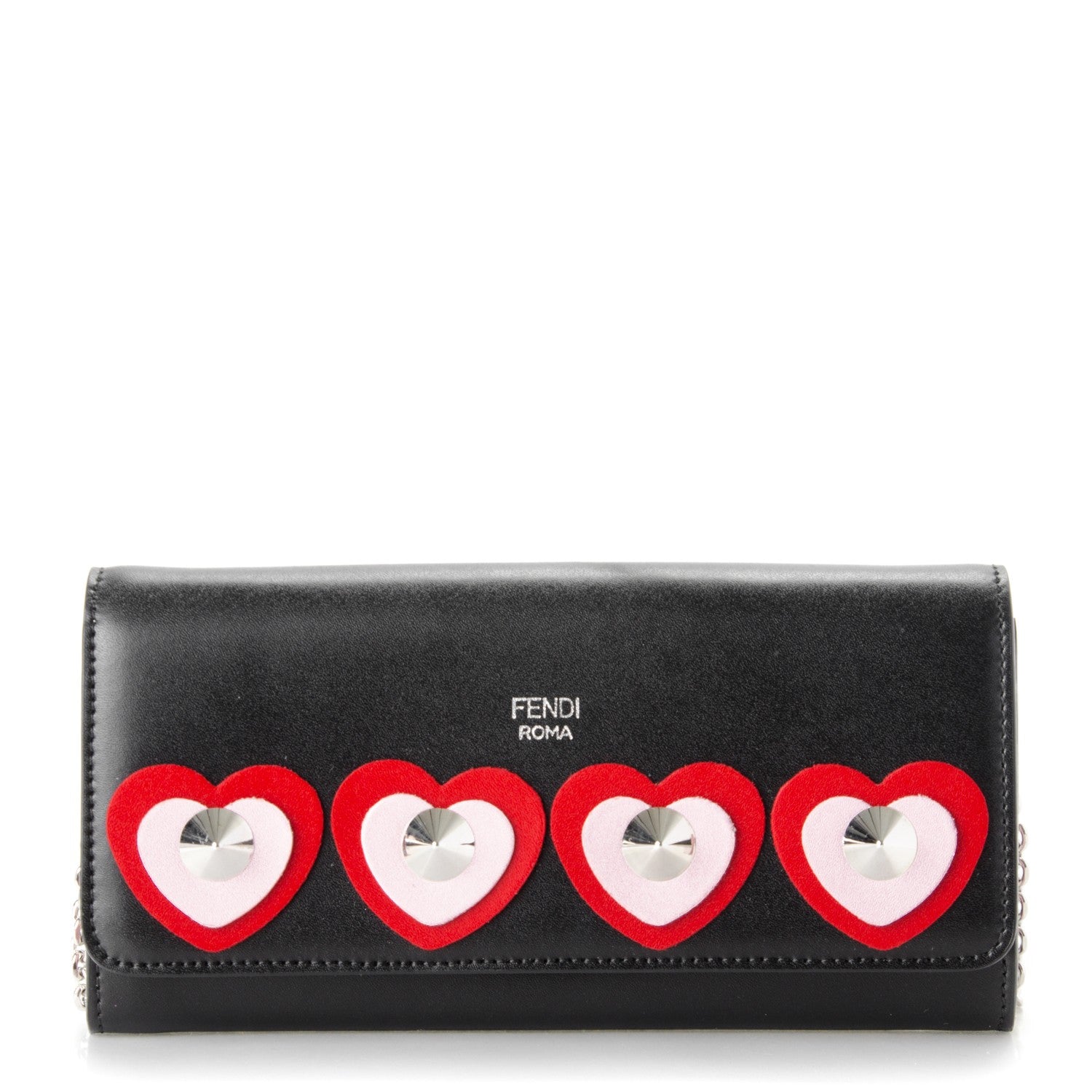 Fendi Calfskin Heart Studded Continental Wallet On Chain Black Red Peonia 1 of 8