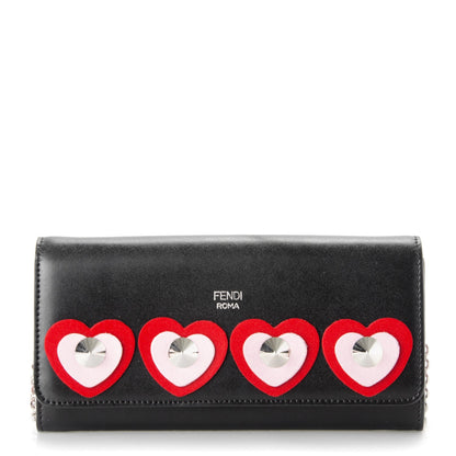 Fendi Calfskin Heart Studded Continental Wallet On Chain Black Red Peonia 1 of 8