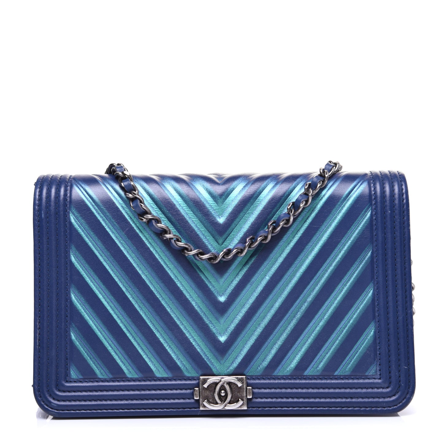 Calfskin Painted Chevron Embossed Boy Wallet On Chain WOC Navy