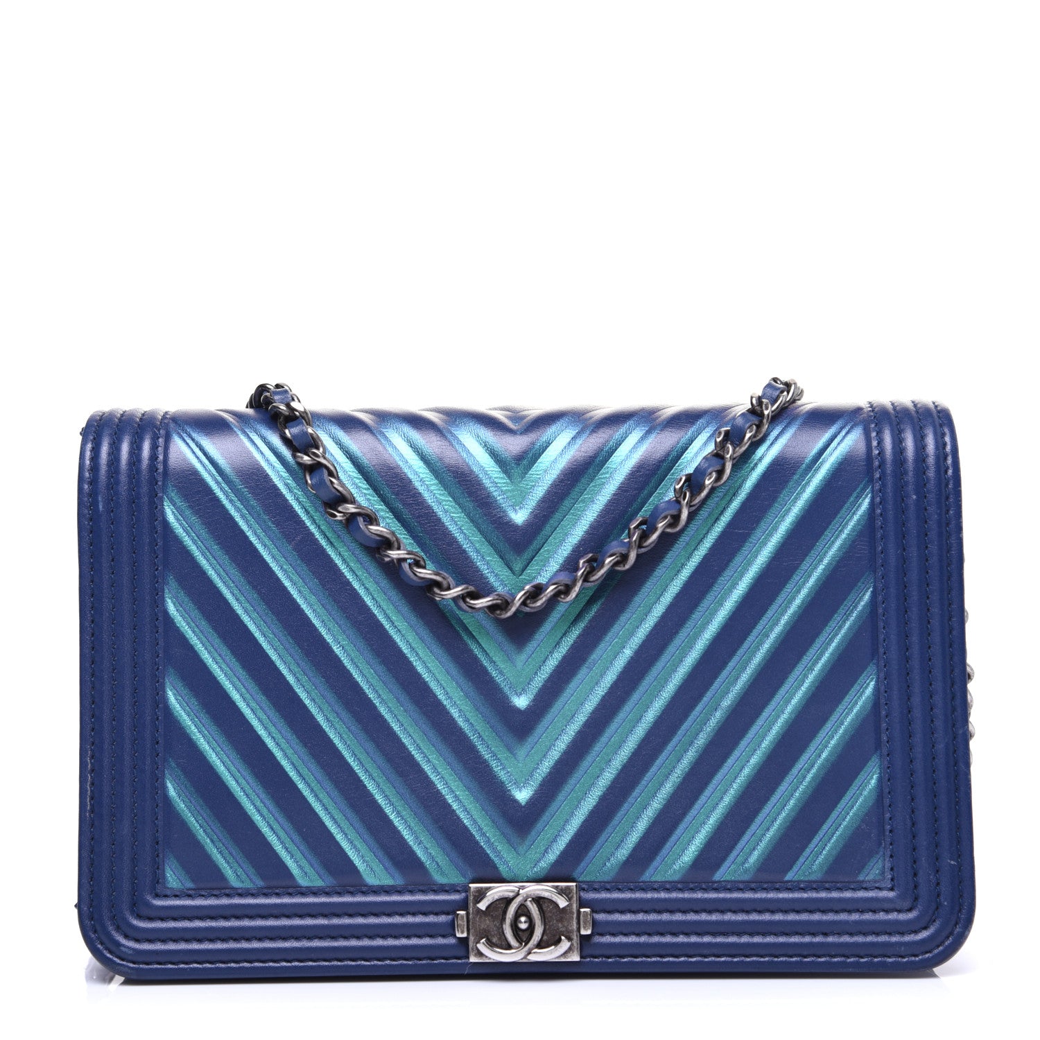 Chanel Calfskin Painted Chevron Embossed Boy Wallet On Chain WOC Navy 1 of 27
