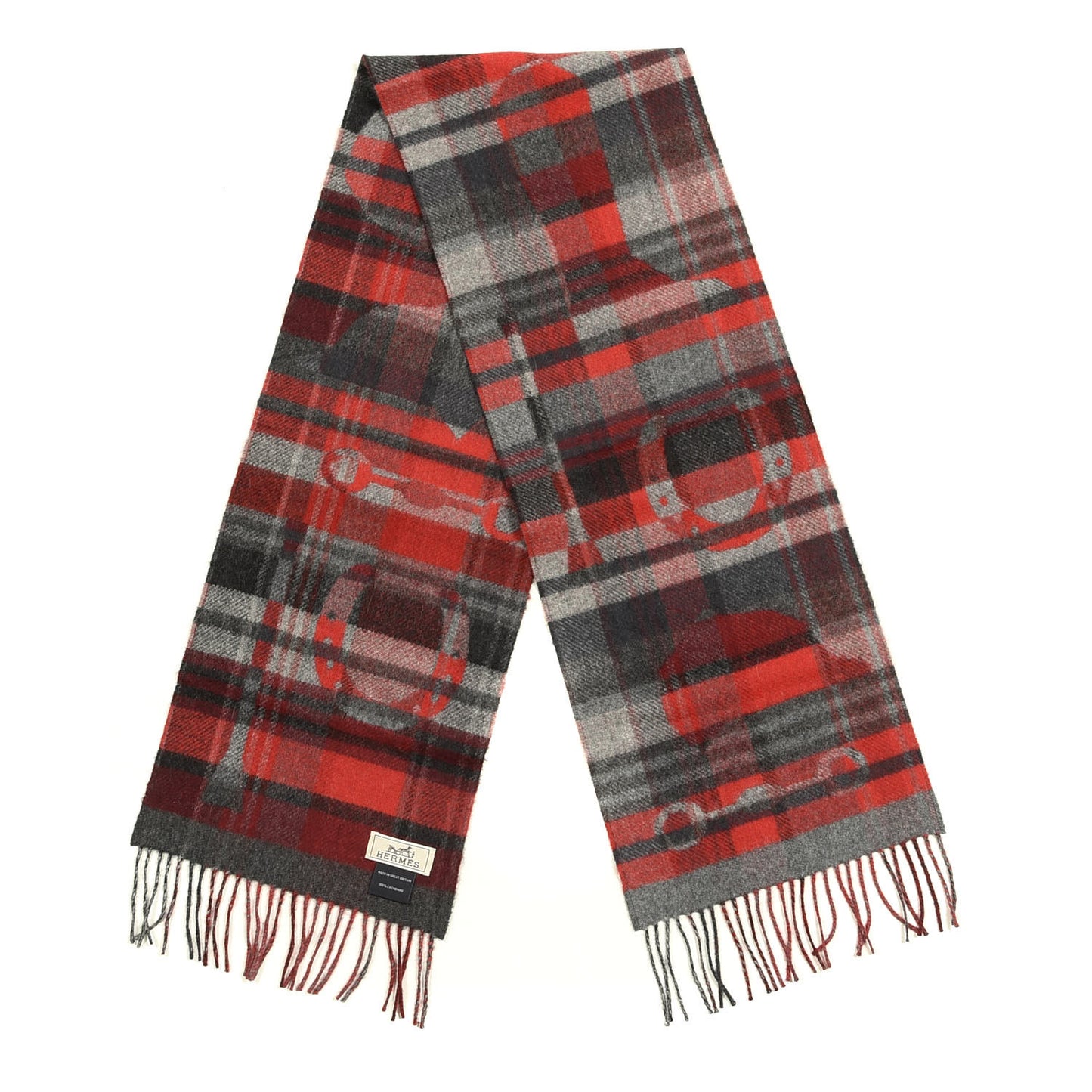 Cashmere HER-MES Tartan Muffler Rouge Vif Bordeaux Gris Anthracite