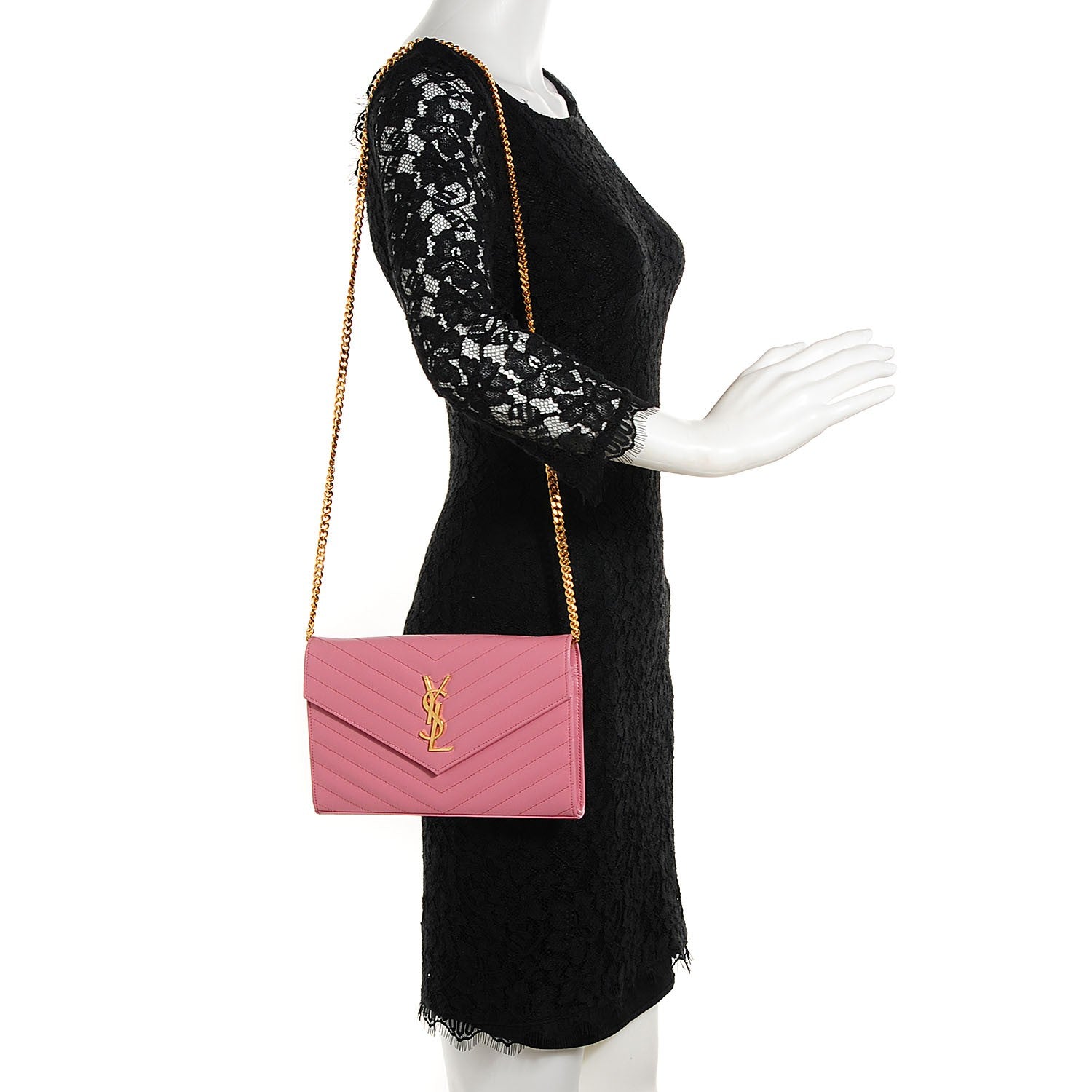Saint Laurent Grain de Poudre Matelasse Chevron Medium Monogram Chain Wallet Pink 2 of 8