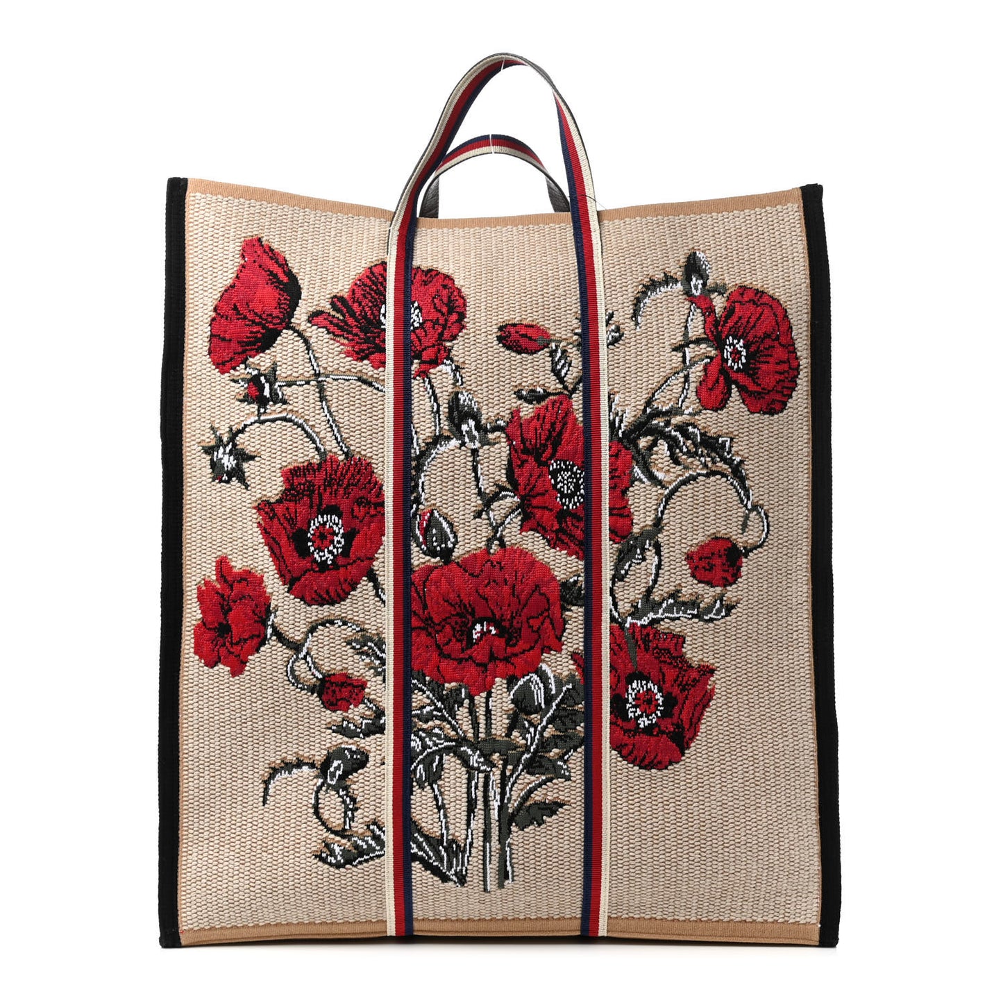 Canvas Woven Floral Embroidered Vertical Tote Beige Multicolor