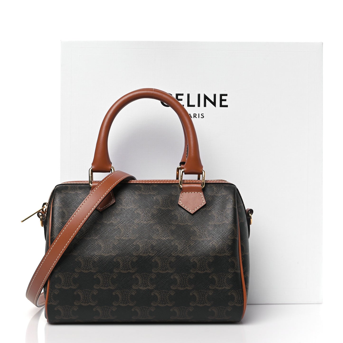 Triomphe Canvas Calfskin Small Boston Bag Tan