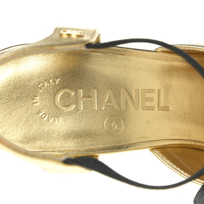 Chanel Laminated Lambskin Grosgrain Cap Toe CC Pumps 36 Gold Black 12 of 14