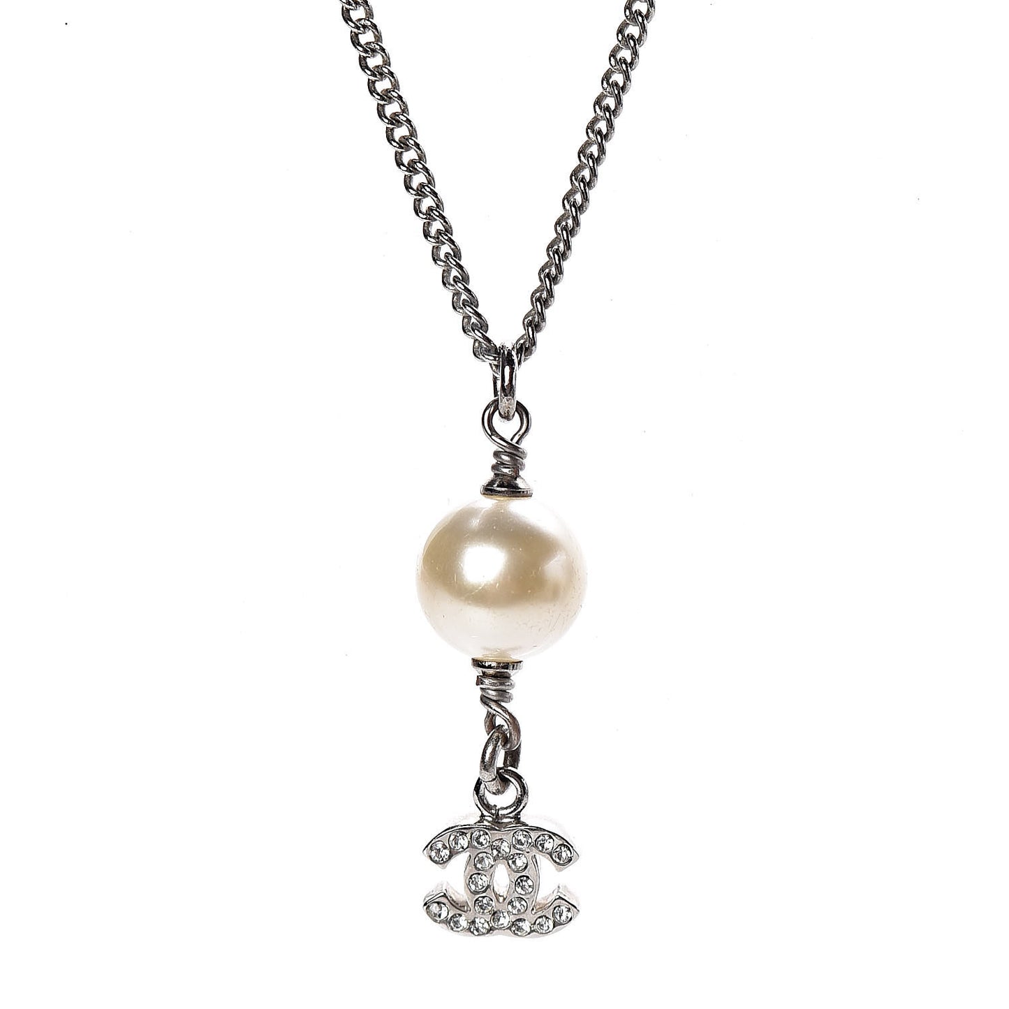 Crystal Pearl CC Drop Necklace Silver
