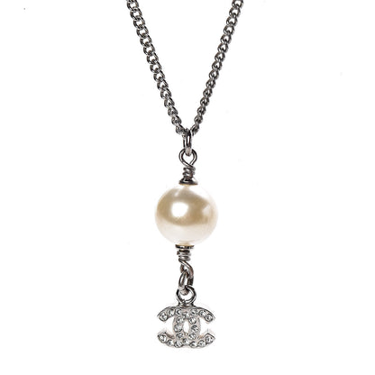 Chanel Crystal Pearl CC Drop Necklace Silver 4 of 5