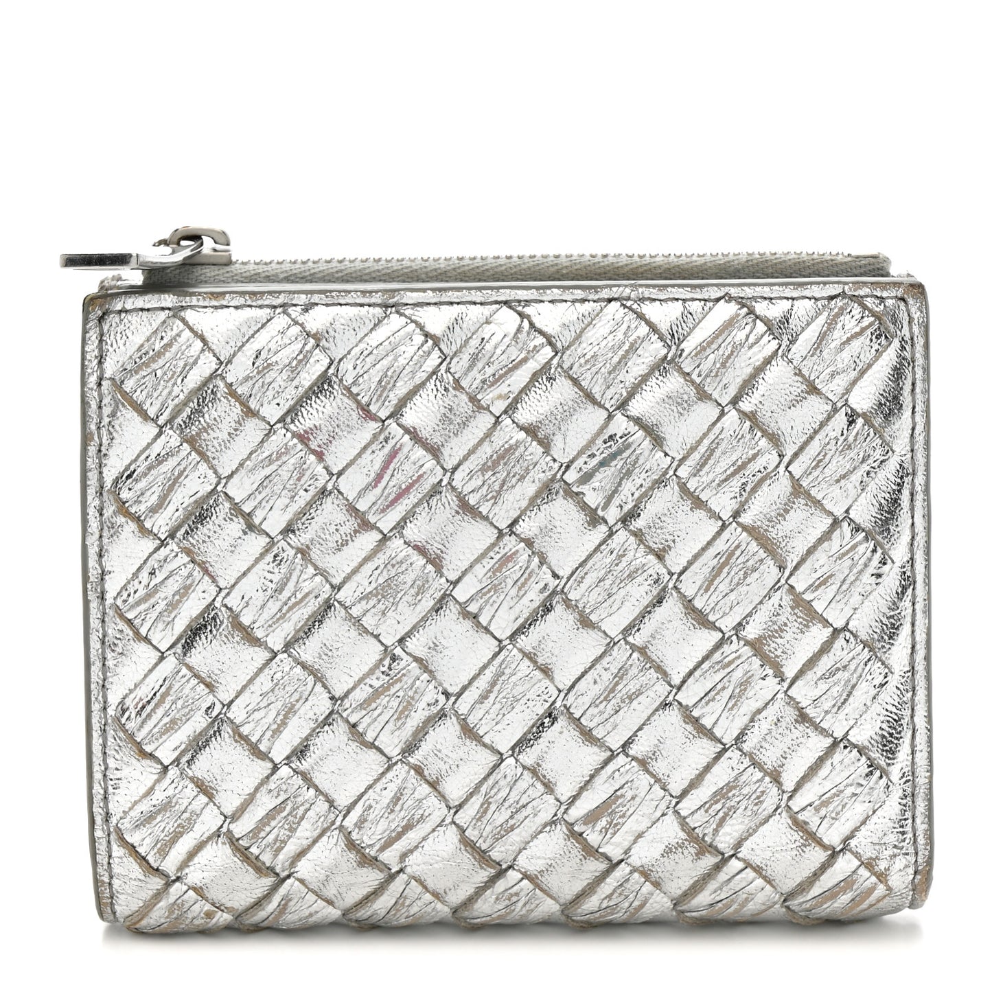 Metallic Nappa Intrecciato Small Bi-Fold Zip Wallet Silver