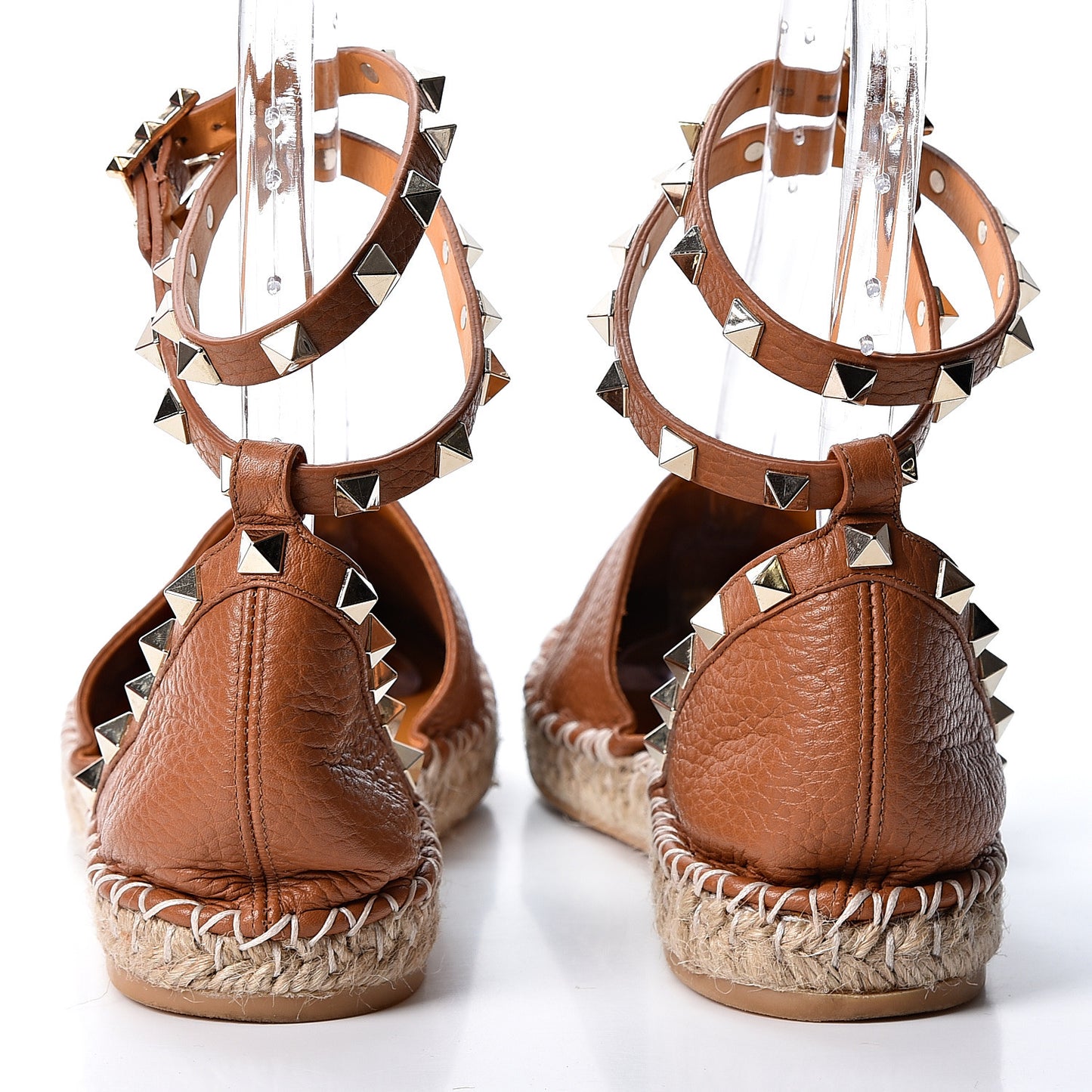 Grained Calfskin Rockstud Ankle Wrap Espadrille Flats 39 Cognac