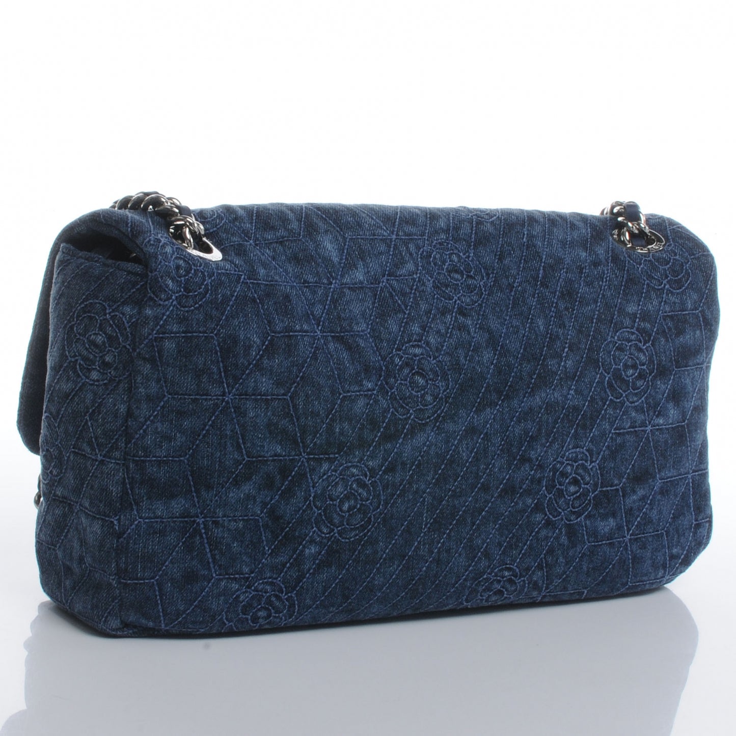Denim Camellia Embroidered Large Flap Dark Blue