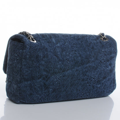 Chanel Denim Camellia Embroidered Large Flap Dark Blue 3 of 7