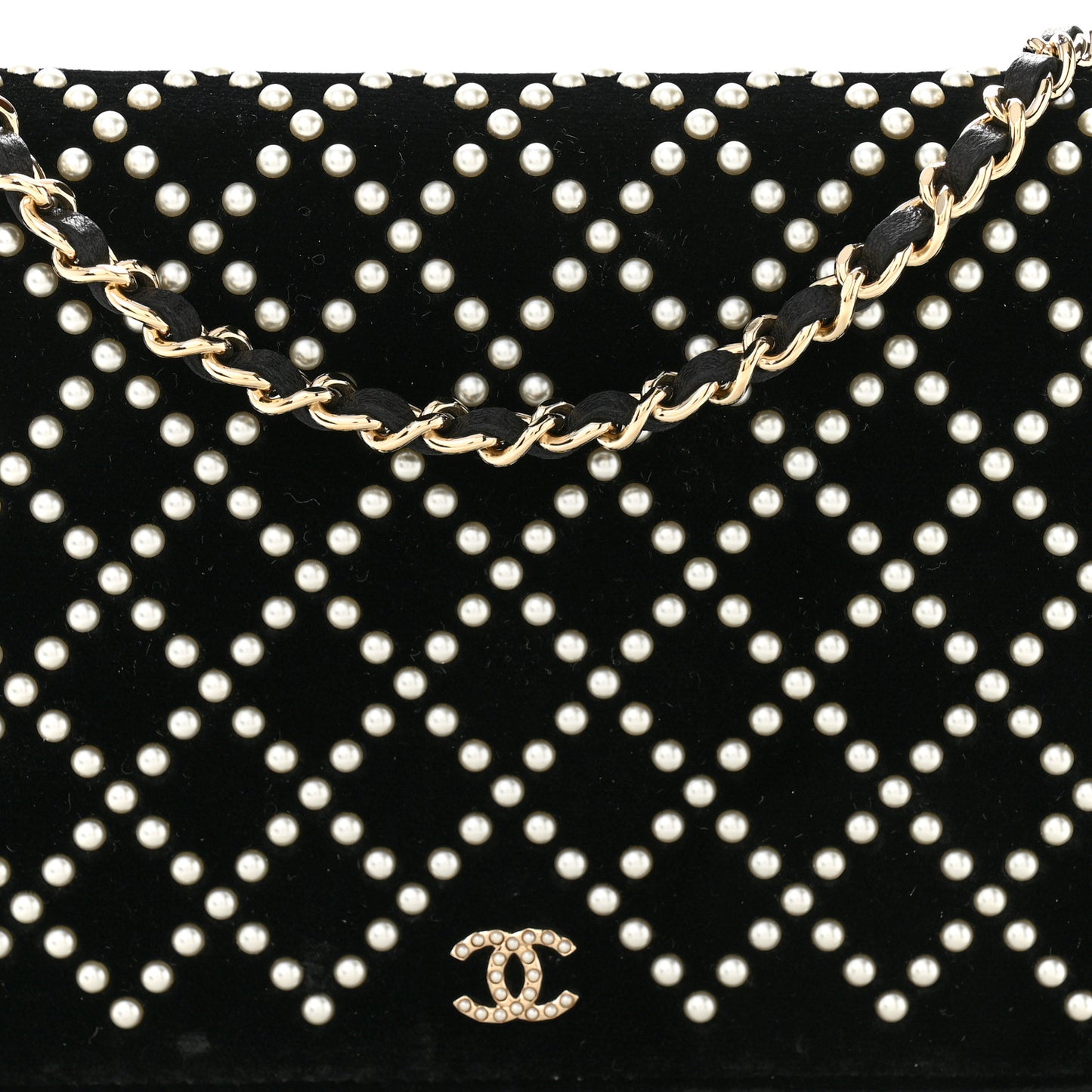 Velvet Pearl Diamond Embellished Wallet On Chain WOC Black