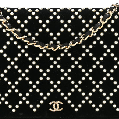 Chanel Velvet Pearl Diamond Embellished Wallet On Chain WOC Black 9 of 11