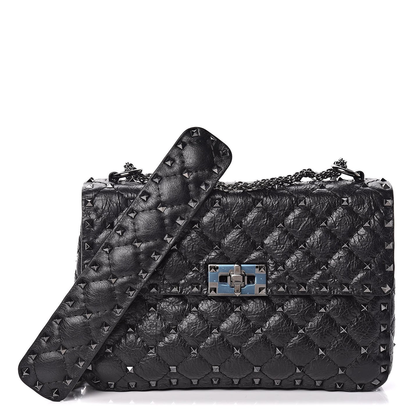 Craquele Nappa Medium Rockstud Spike Shoulder Bag Black