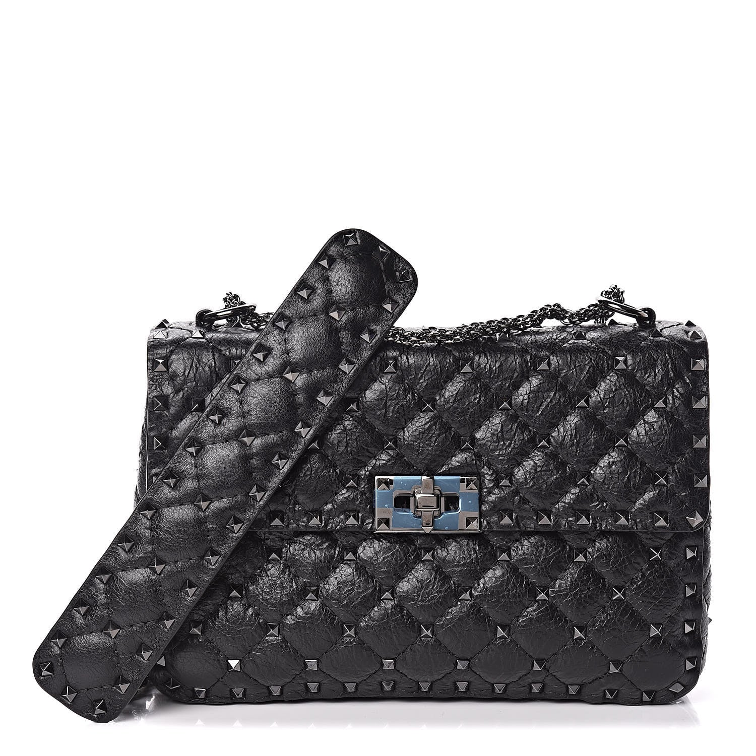 Valentino Garavani Craquele Nappa Medium Rockstud Spike Shoulder Bag Black 1 of 8
