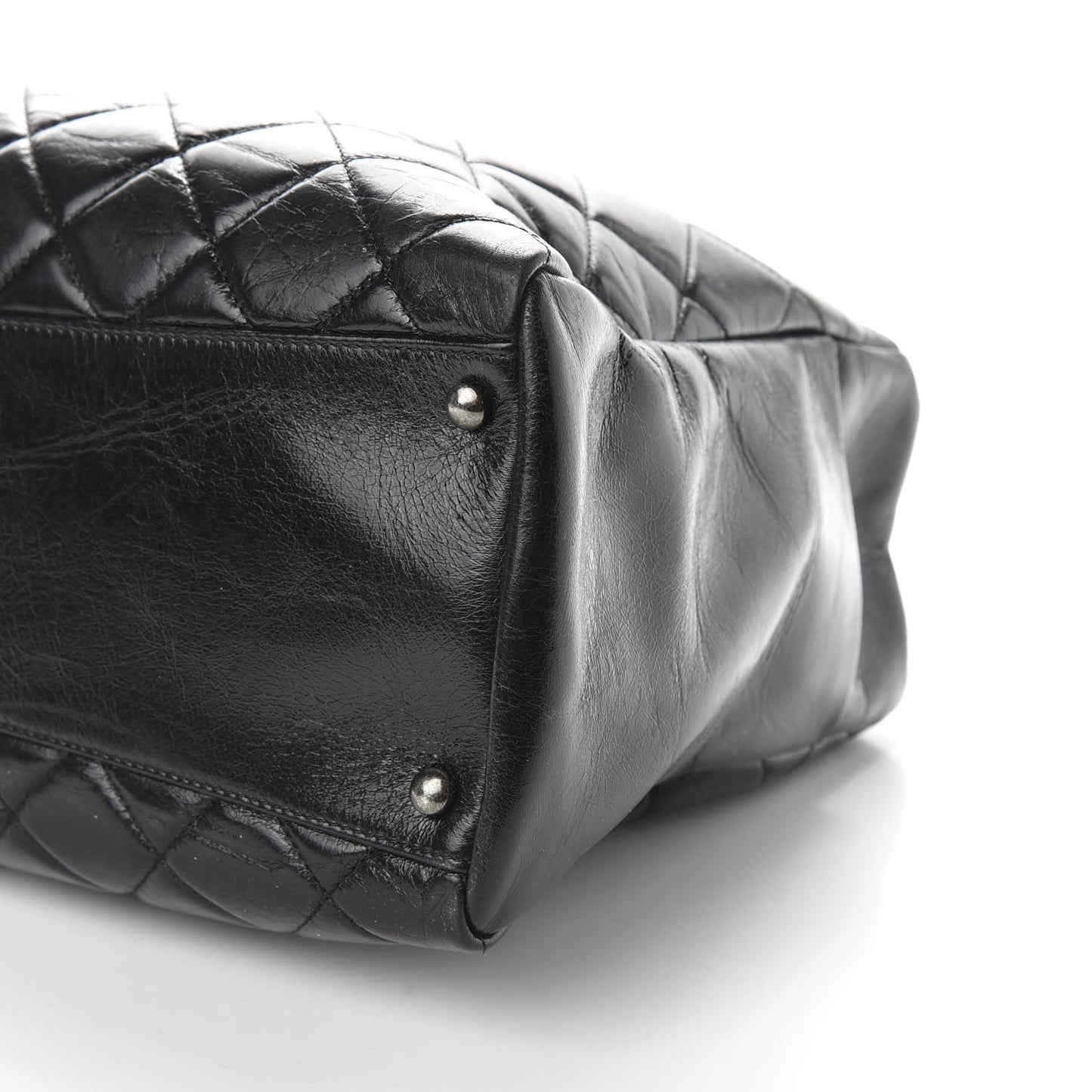 Glazed Calfskin Quilted Large Nameplate Shopping Tote Black