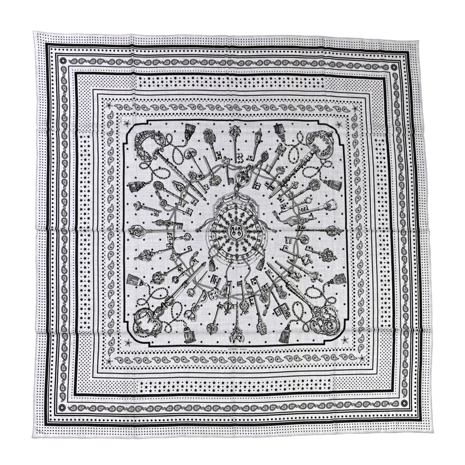 Hermes Cashmere Silk Les Cles Bandana Shawl 140 Gris Chine Black 2 of 10