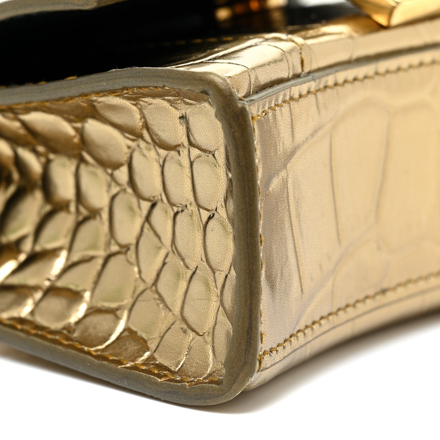 Balenciaga Metallic Calfskin Crocodile Embossed Hourglass Top Handle Bag Mini with Chain Gold 8 of 12