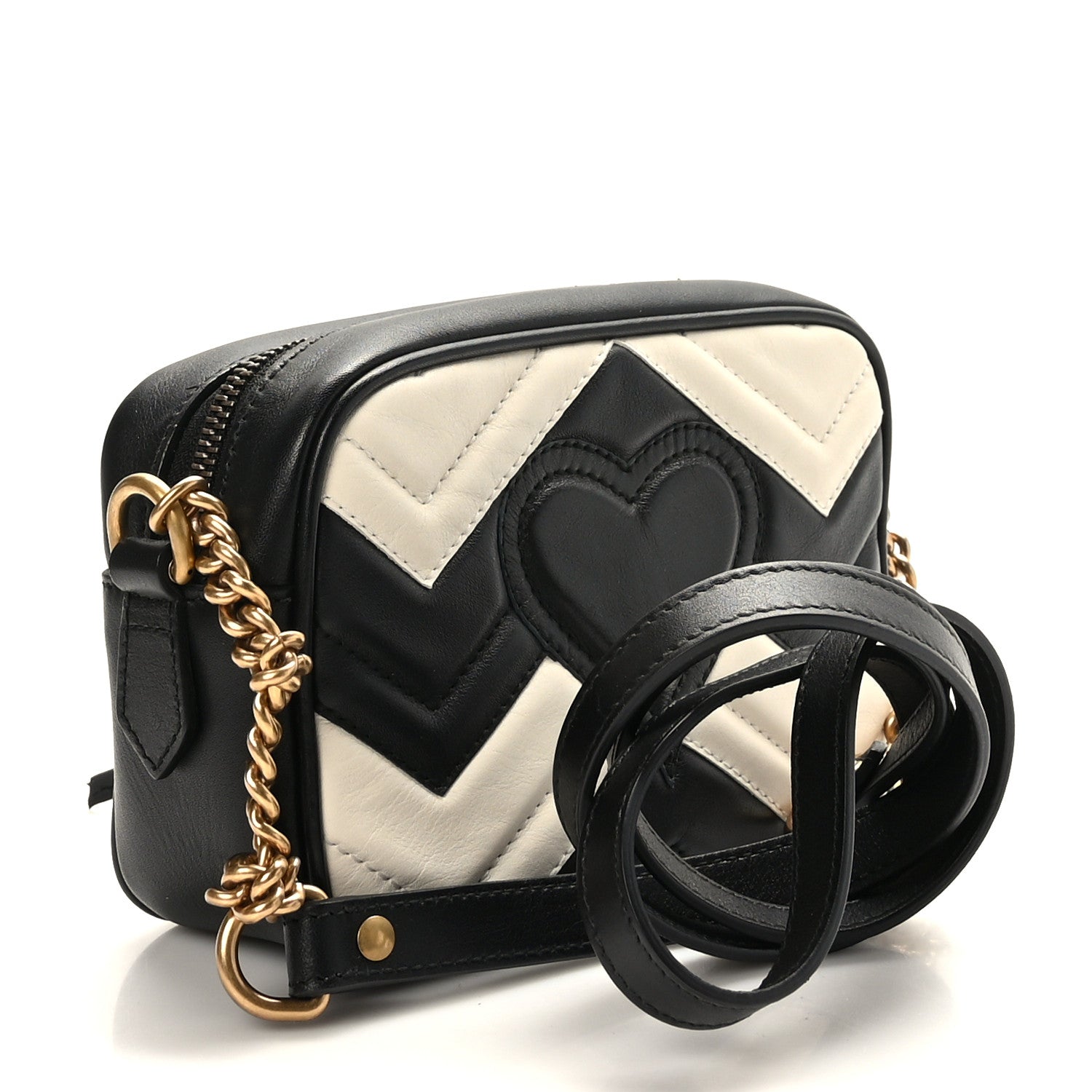 Gucci Calfskin Matelasse Mini GG Marmont Chain Shoulder Bag Black White 3 of 9