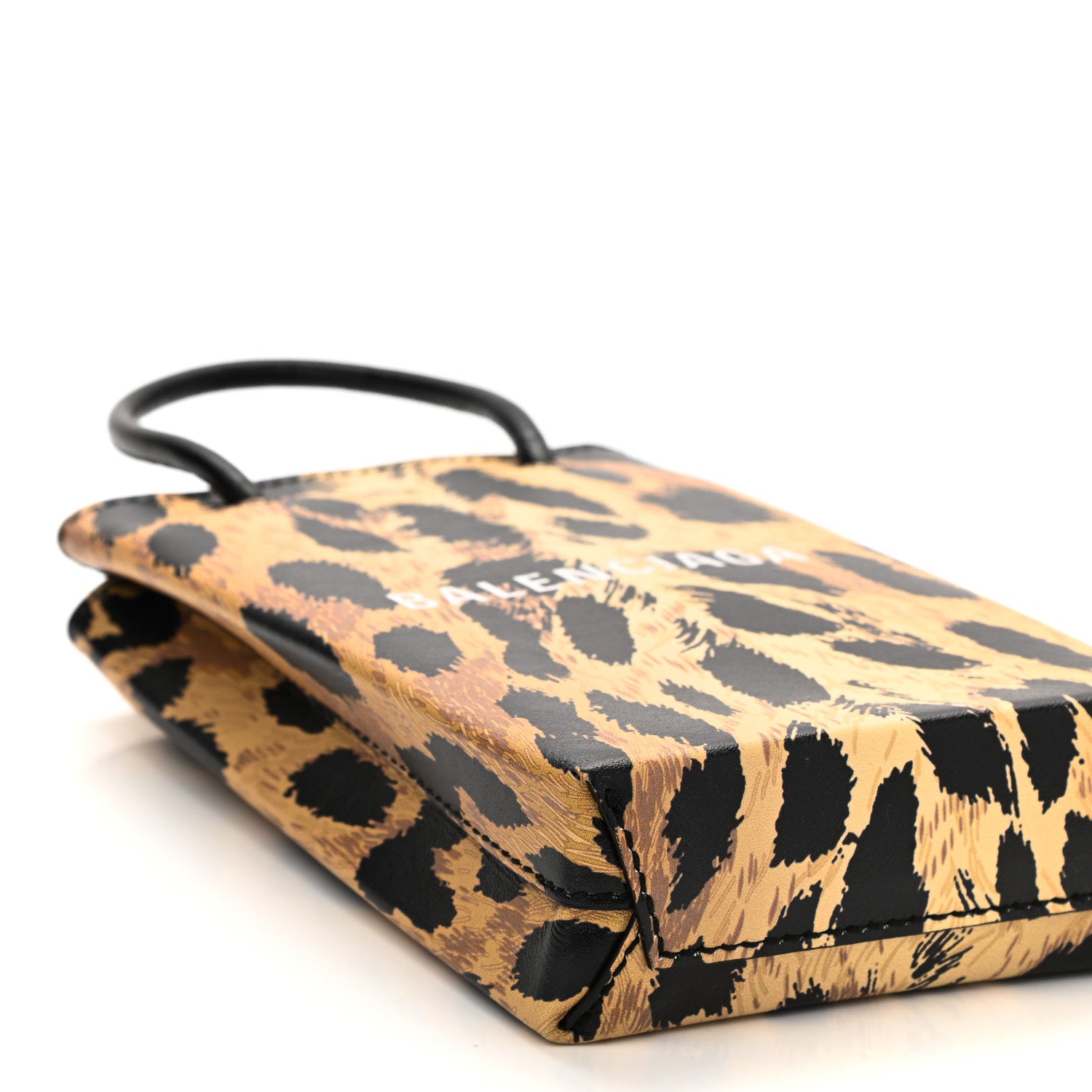 Balenciaga Smooth Calfskin Leopard Print Logo Shopping Phone Holder Bag Beige Black 8 of 9