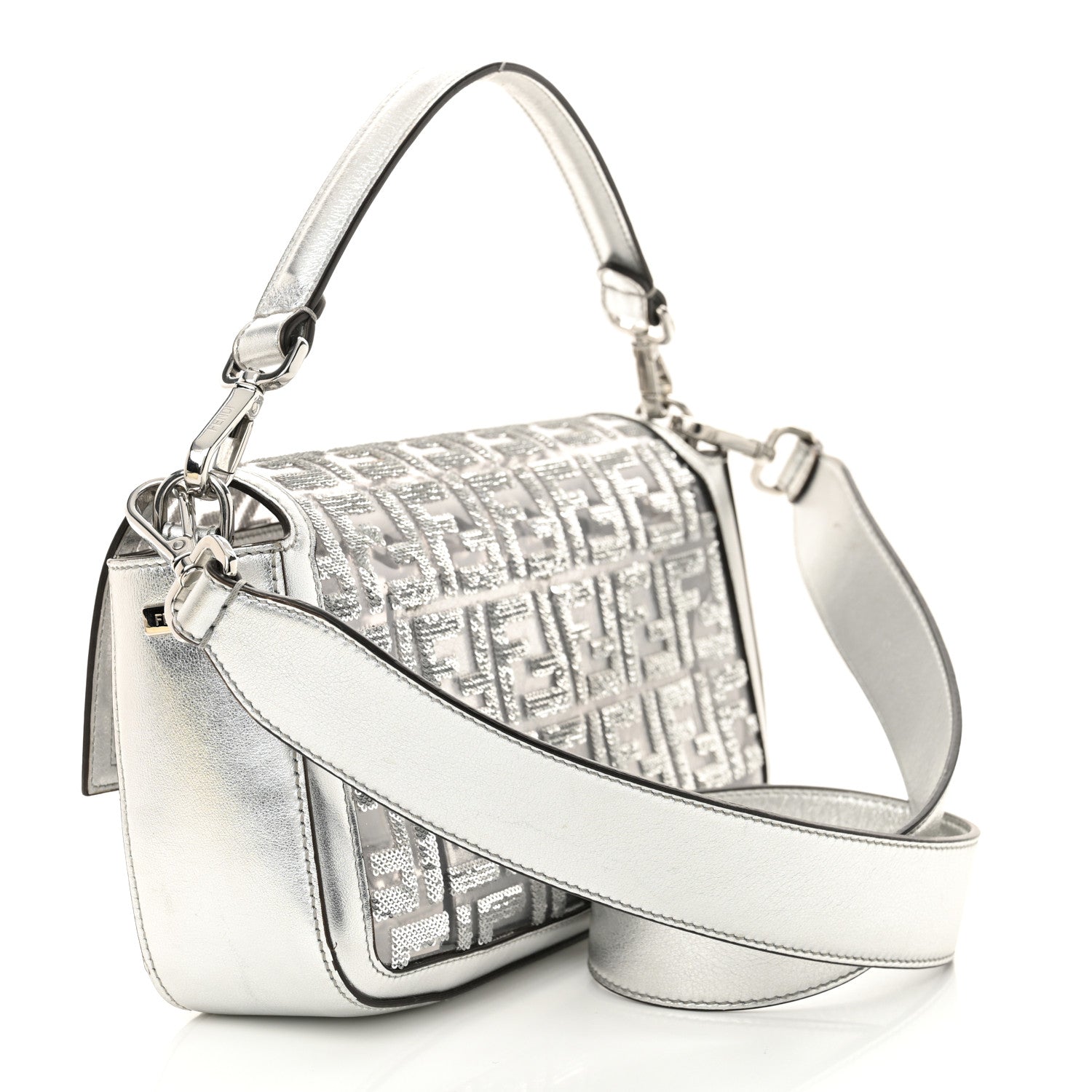 Fendi PVC Vitello Catalan Mirror Sequin FF Baguette Argento