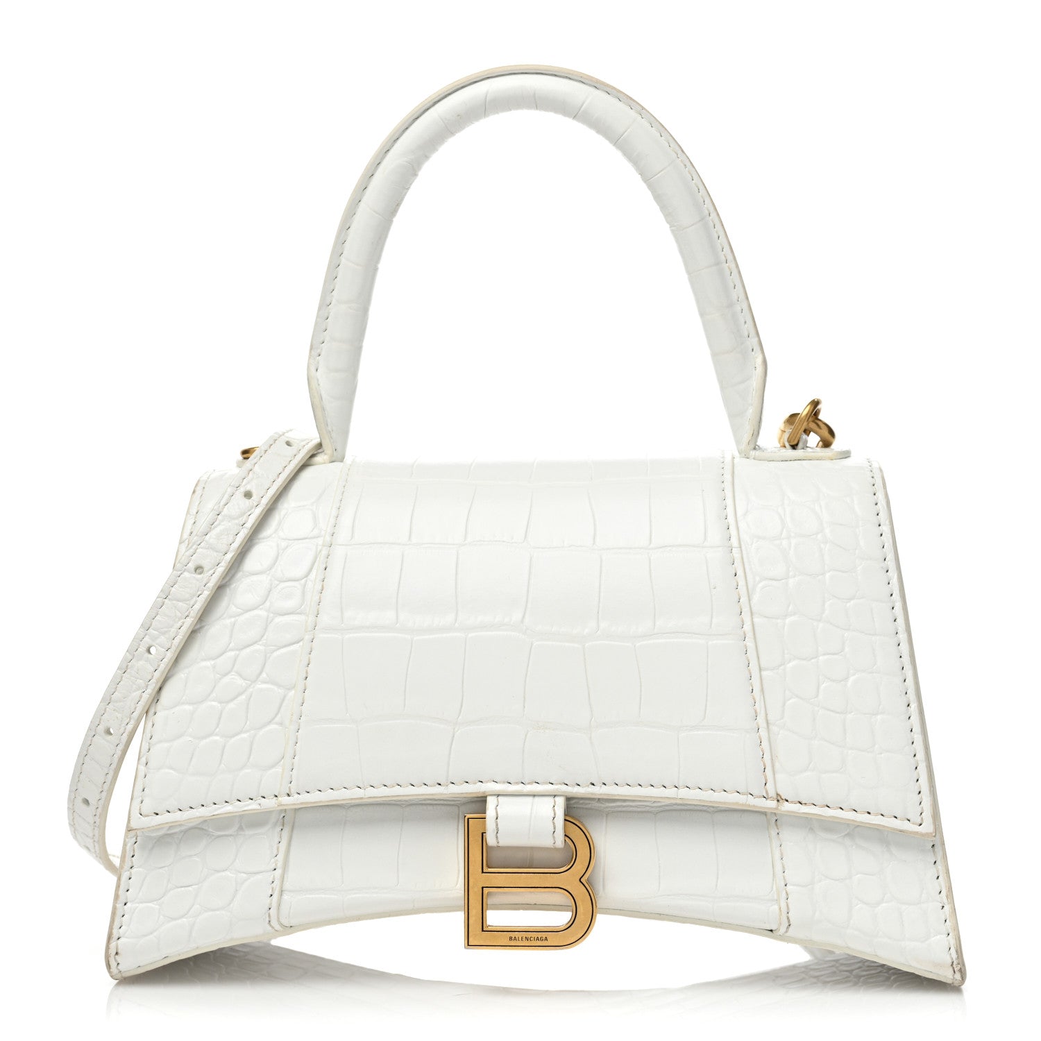 Balenciaga Shiny Calfskin Crocodile Embossed Small Hourglass Top Handle Bag Optic White 1 of 11