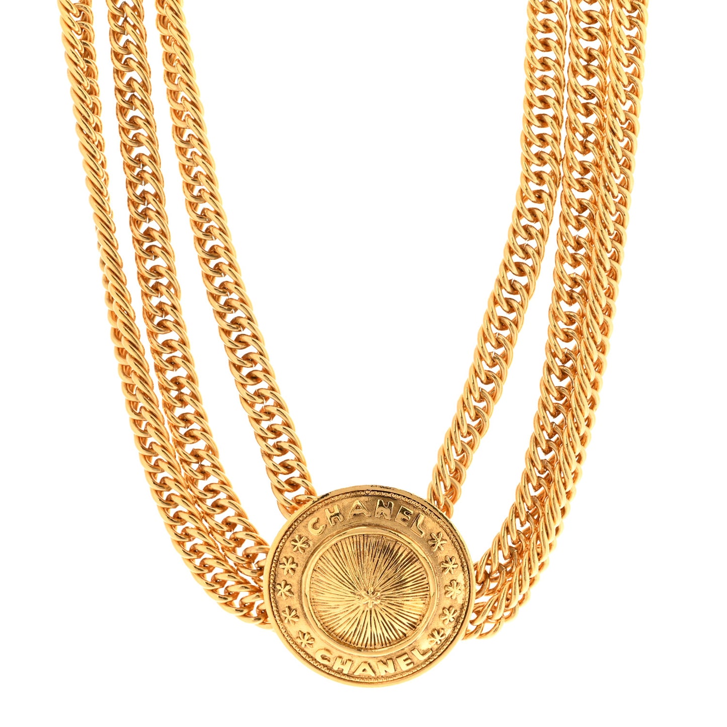 Chain Link Logo Medallion Triple Strand Choker Necklace Gold
