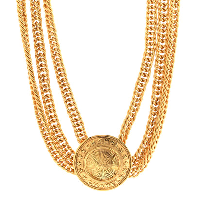 Chanel Chain Link Logo Medallion Triple Strand Choker Necklace Gold 1 of 6