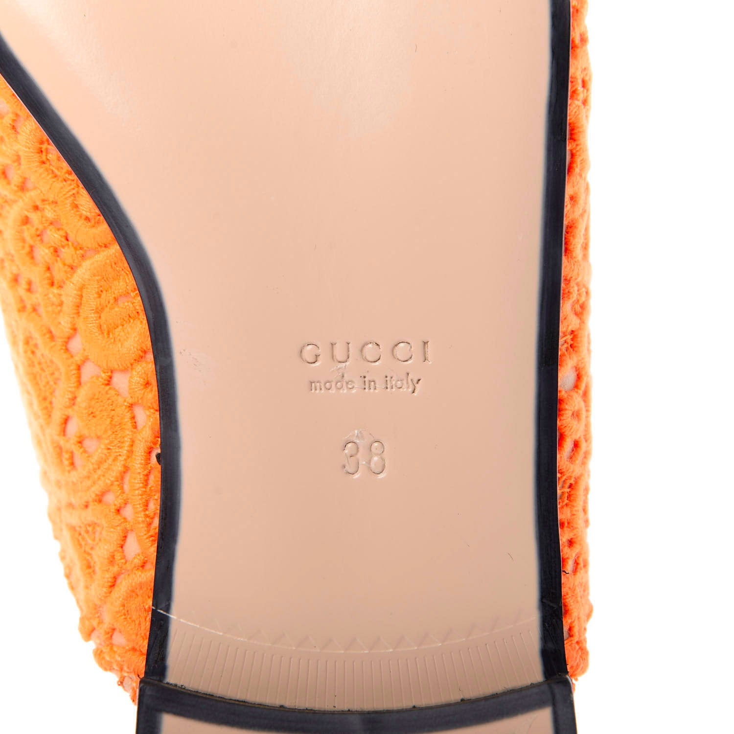 Gucci Lace Malaga Kid Womens Princetown Slippers 38 Orange Fluo Skin Rose 8 of 10