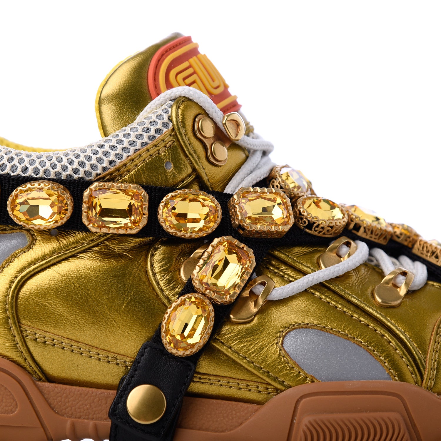 Gucci X SEGA Metallic Calfskin Mesh Removable Crystals Womens Flashtrek Sneakers 39 Oro Vecchio Mystic White Silver 13 of 19