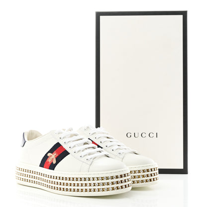 Gucci Calfskin Crystal Web Bee Embroidered Womens Ace Platform Sneakers 36 White 11 of 11