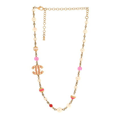 Chanel Enamel CC Textured Pearl Bead Choker Necklace Gold Pink White 3 of 4