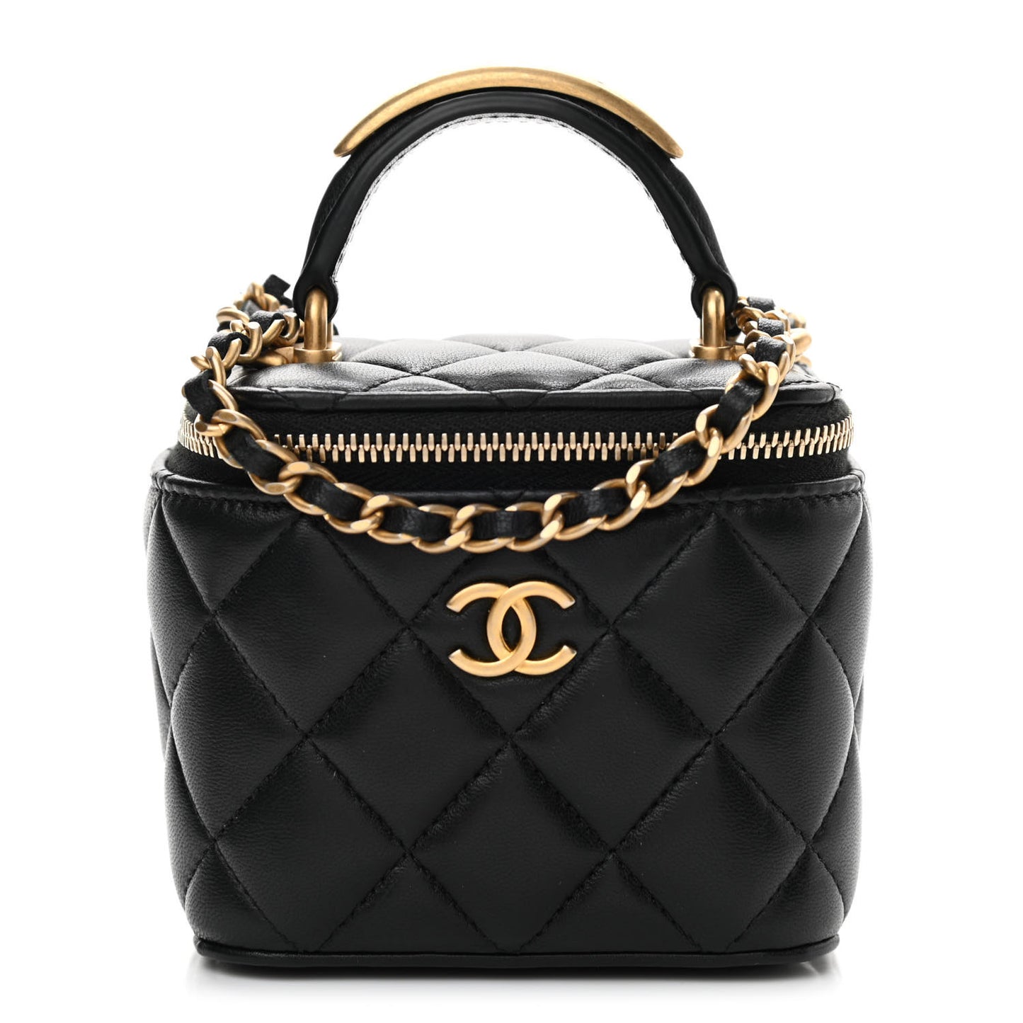 Lambskin Quilted Metal Mini Top Handle Vanity Case With Chain Black