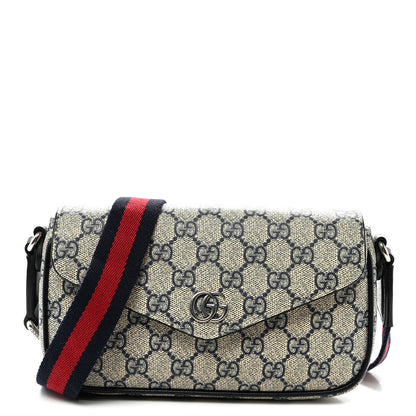 Gucci GG Supreme Monogram Textured Dollar Calfskin Web Mini Ophidia Envelope Shoulder Bag Beige Blue 1 of 10