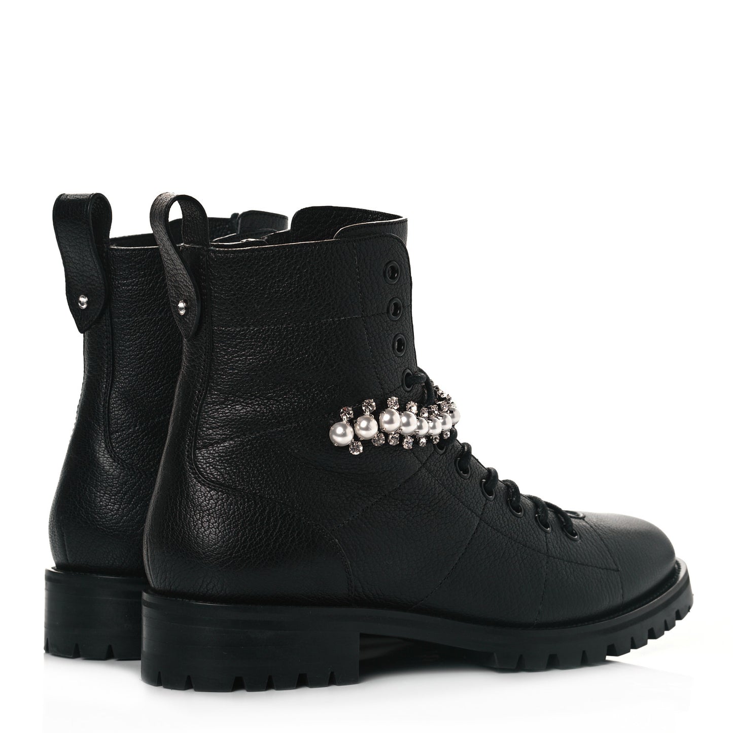 Grained Calfskin Crystal Embellished Cruz Combat Boots 39.5 Black