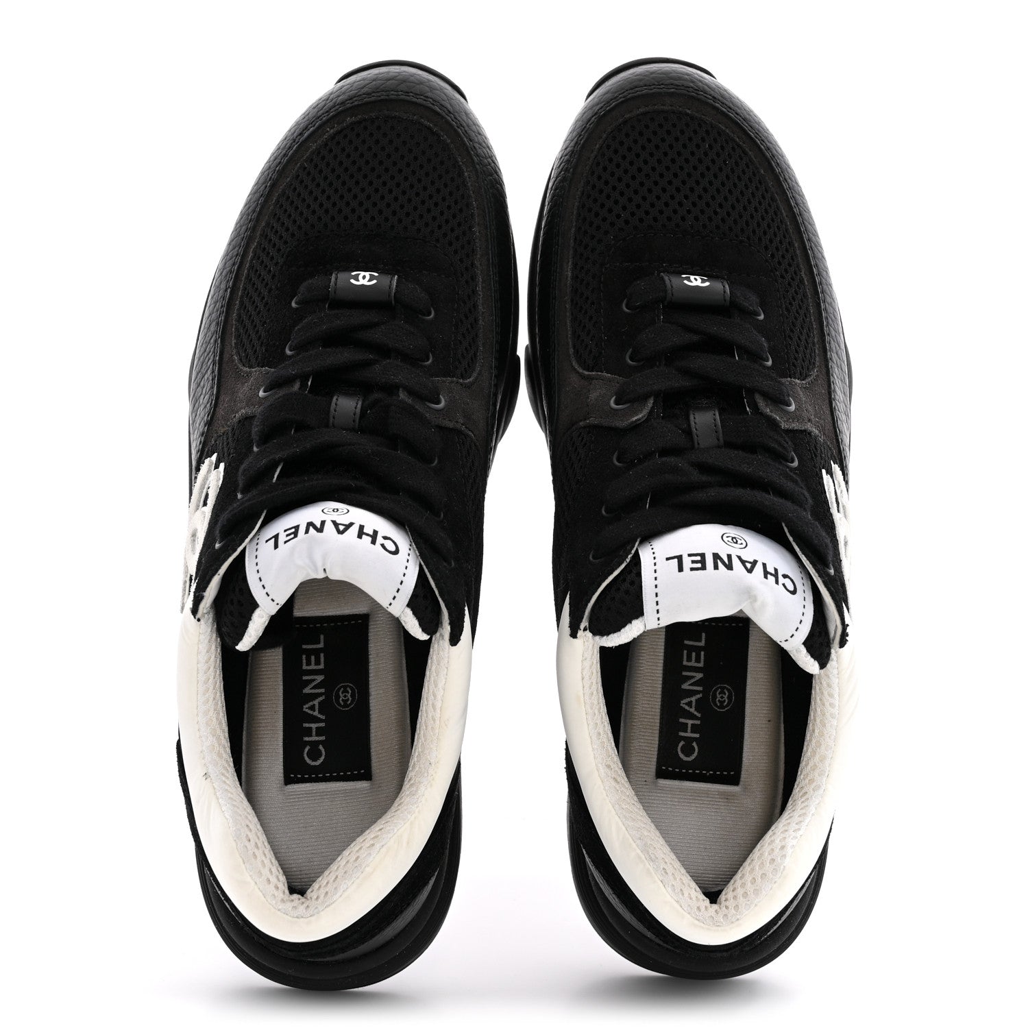 Chanel Mesh Suede Grained Calfskin Womens CC Sneakers 38.5 Black White 2 of 10