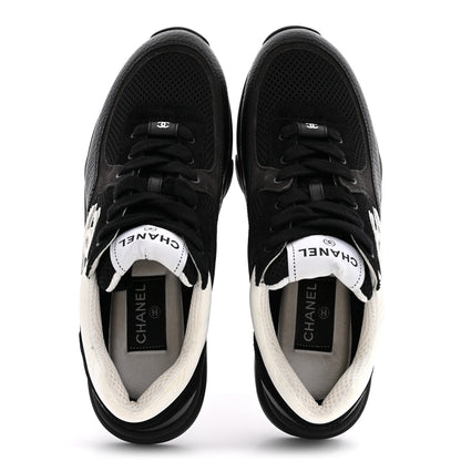 Chanel Mesh Suede Grained Calfskin Womens CC Sneakers 38.5 Black White 2 of 10