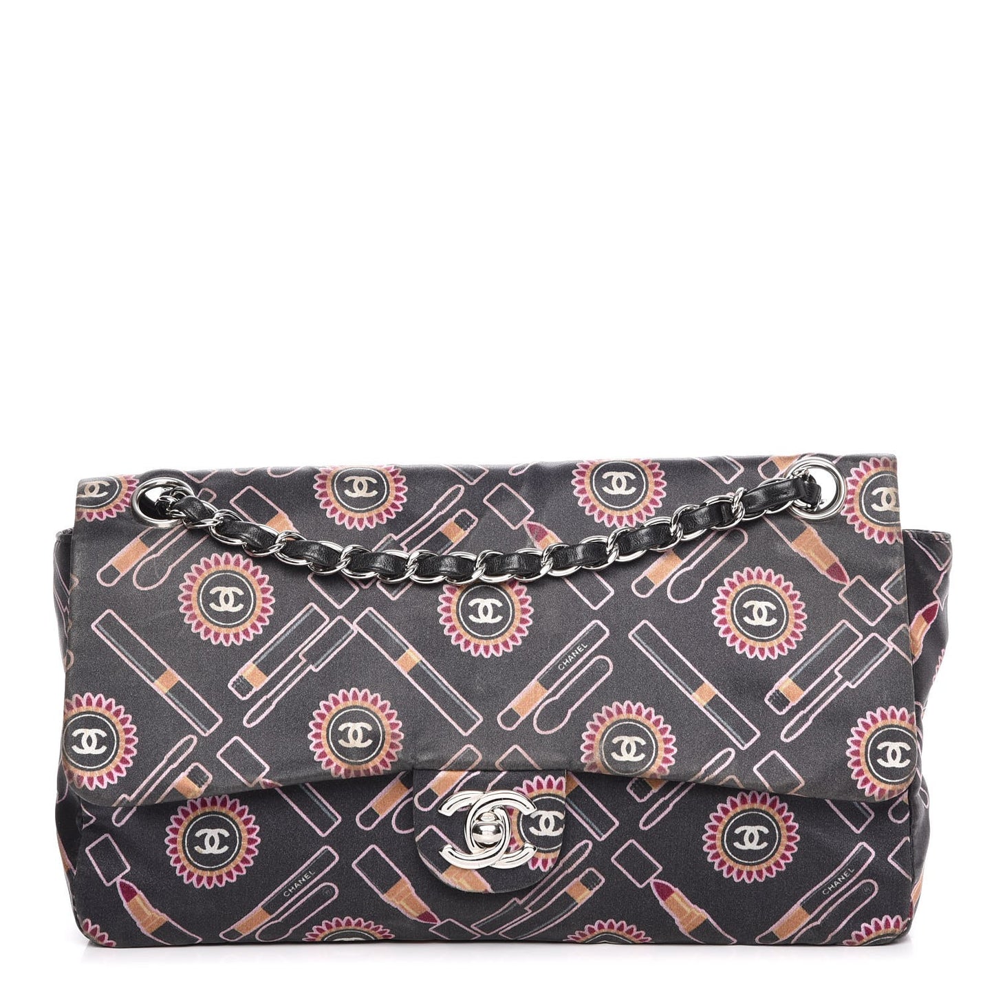 Satin Printed Lipstick Medium Single Flap Black
