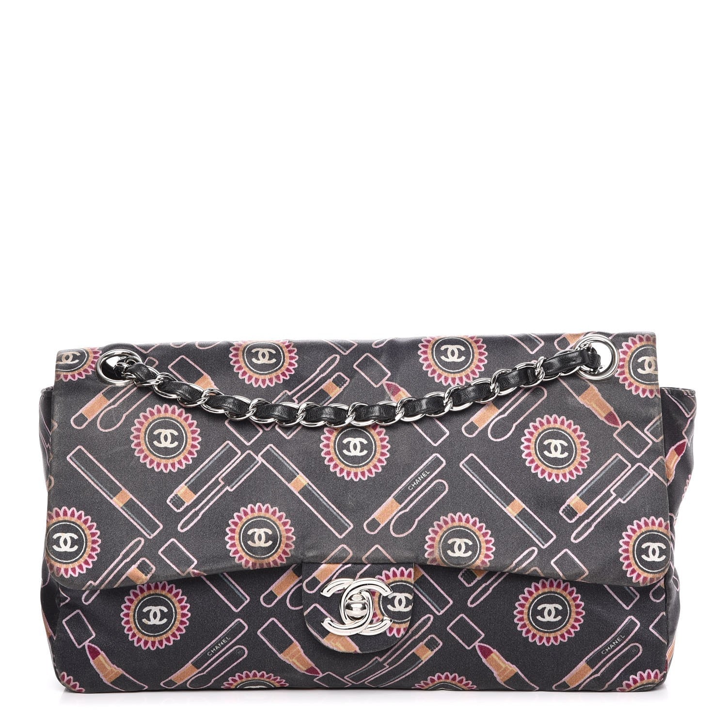 Chanel Satin Printed Lipstick Medium Single Flap Black 1 of 12