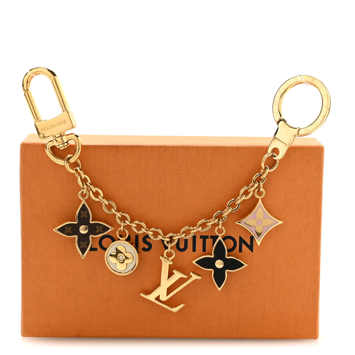 Brass Enamel Fleur De Monogram Bag Charm Chain Gold