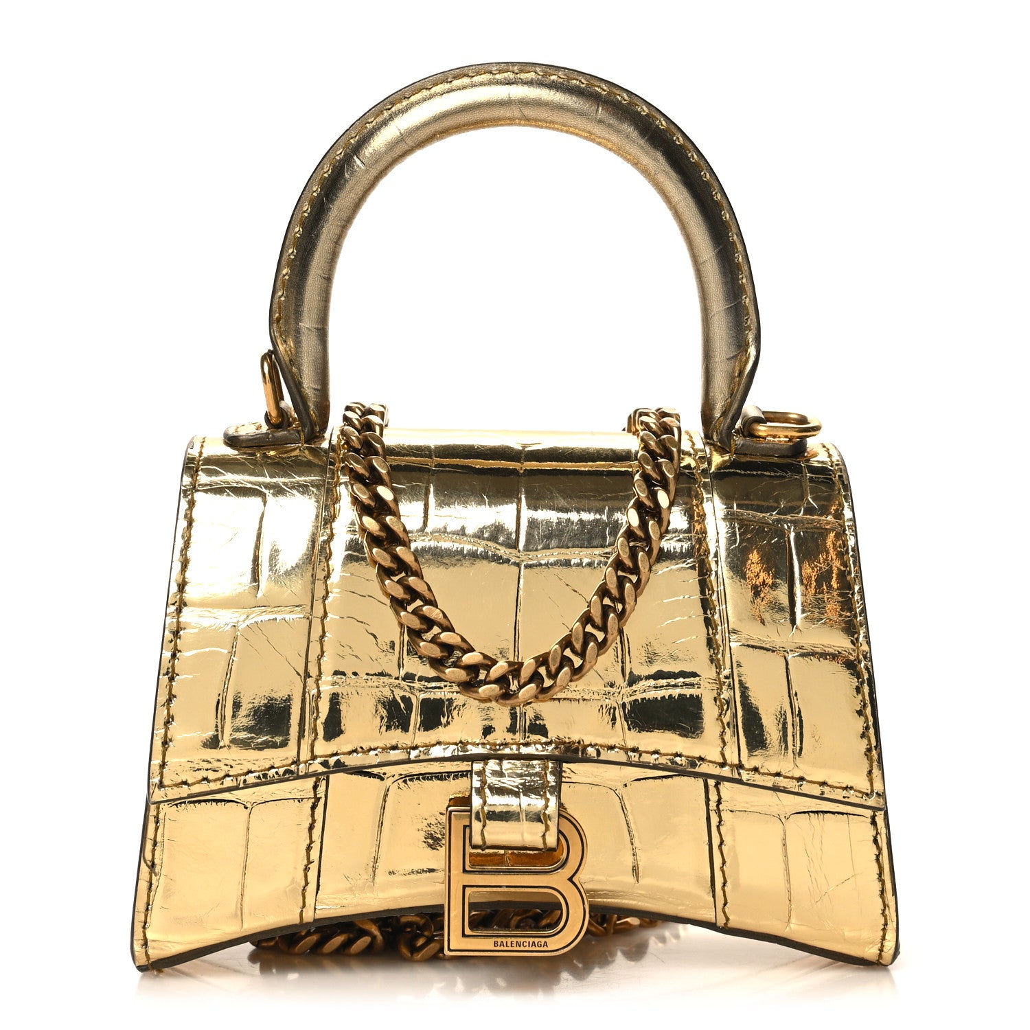 Balenciaga Metallic Calfskin Crocodile Embossed Hourglass Top Handle Bag Mini with Chain Gold 1 of 10