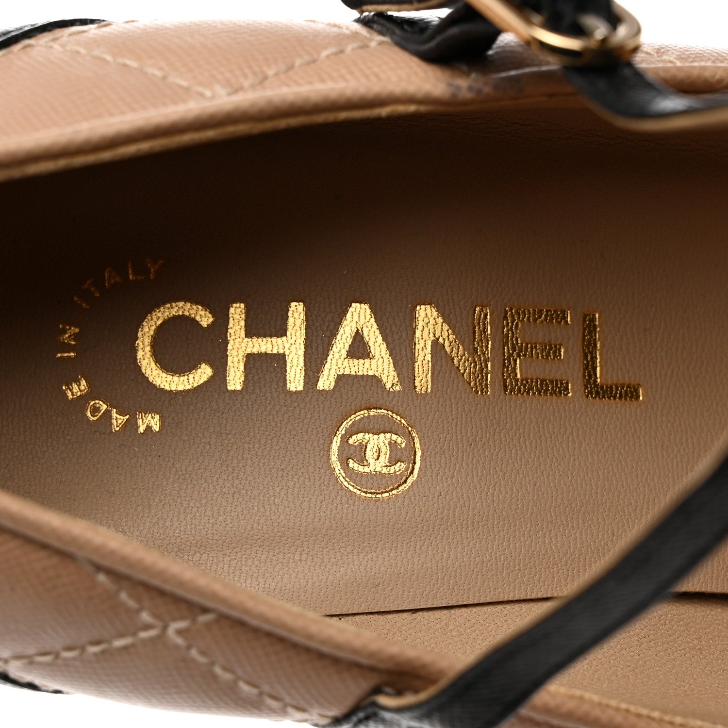 Chanel Grained Calfskin Patent Quilted CC Cap Toe Ankle Strap Pumps 40 Beige Black 6 of 8