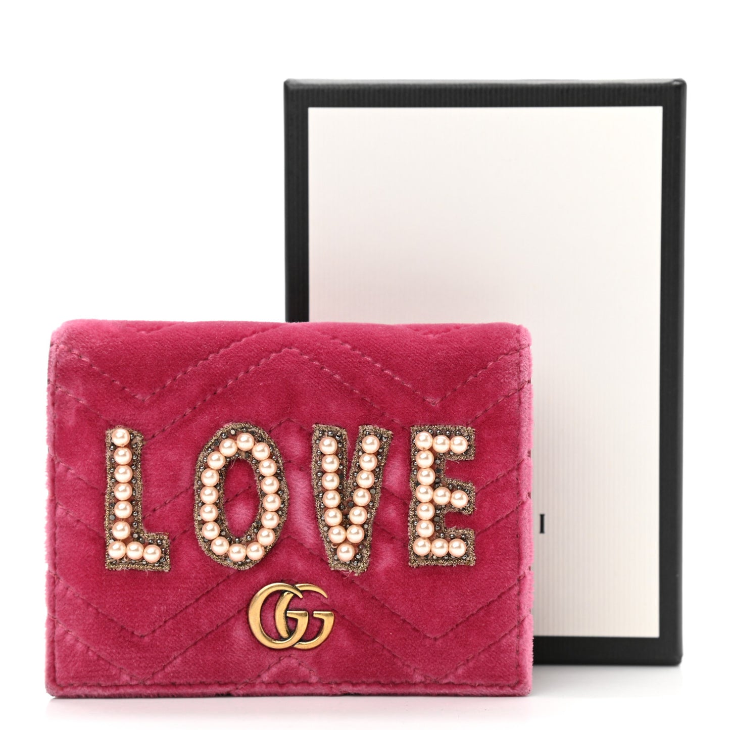 Velvet Matelasse Pearl Love Embroidered GG Marmont Card Case Wallet Light Raspberry Rose
