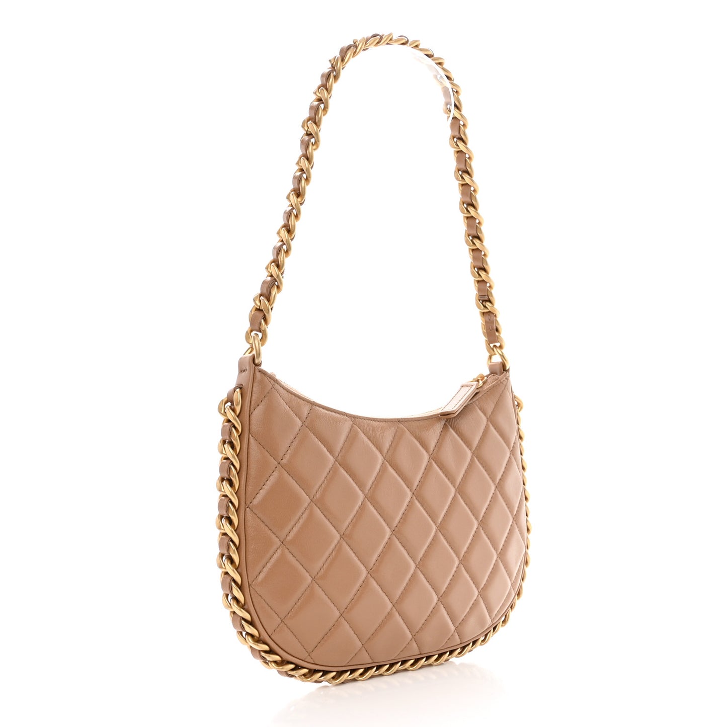 Shiny Crumpled Lambskin Quilted Trendy Chain Around Hobo Dark Beige