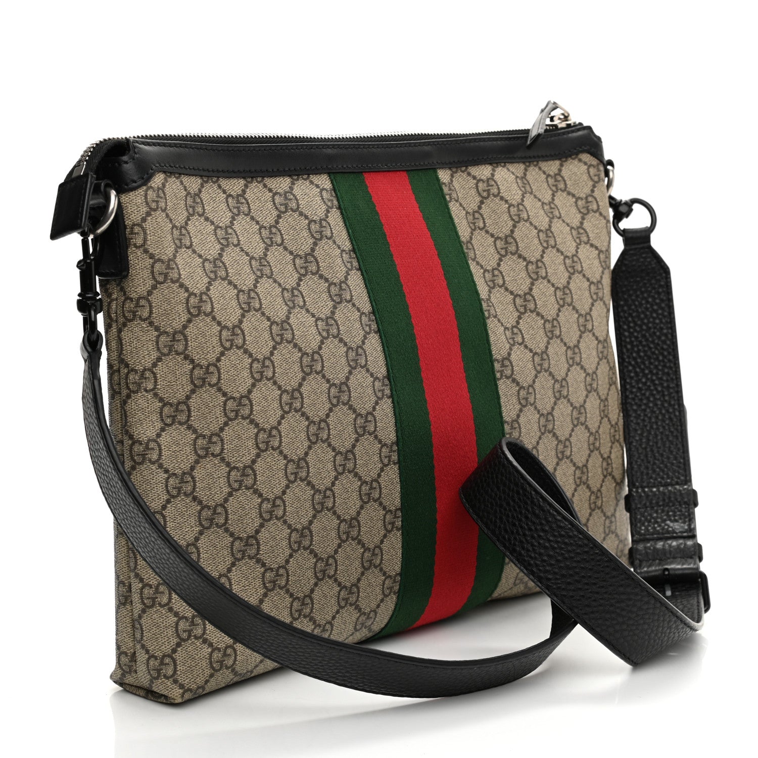 Gucci GG Supreme Monogram Calfskin Web Medium Flat Messenger Bag Beige Ebony Black 3 of 12